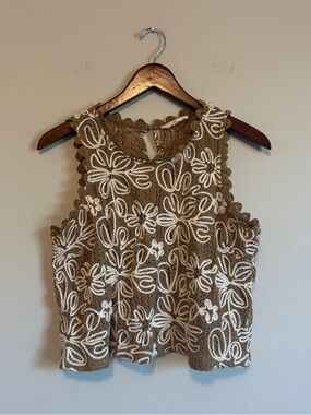 Crochet Crop Top Women L Beige Knit Scalloped Boho Festival Earthy 70s Retro